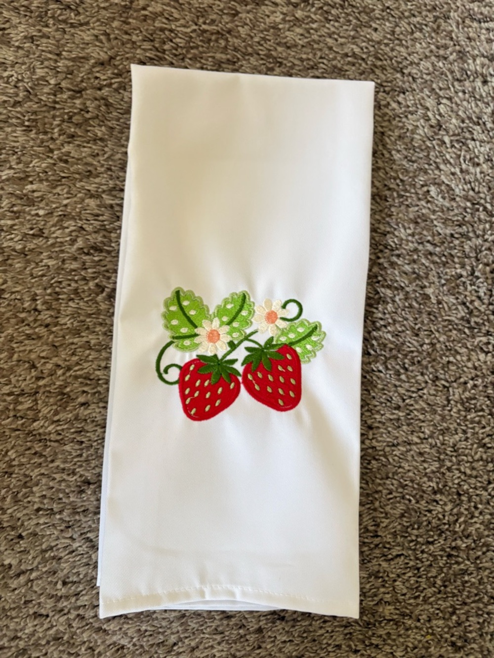 White Kitchen Towel with Embroidered Strawberries